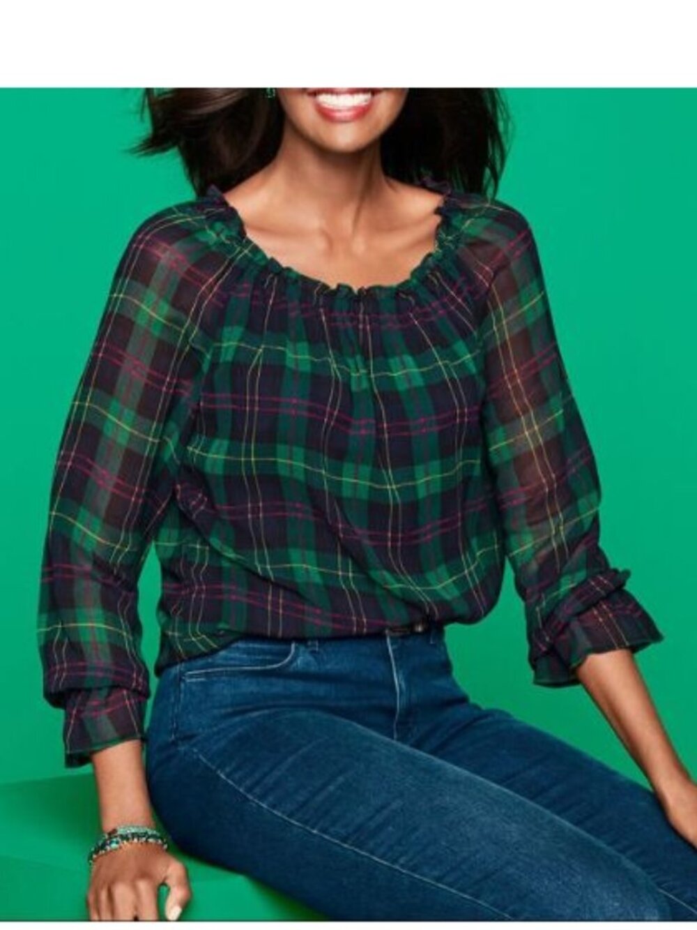 Talbots Tartan Popover Blouse Medium Green Chiffon Preppy Peasant Top